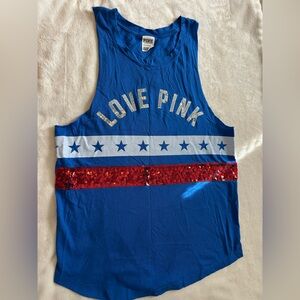 PINK Victoria's Secret Blue Muscle Tee with Red Sequin Stripe